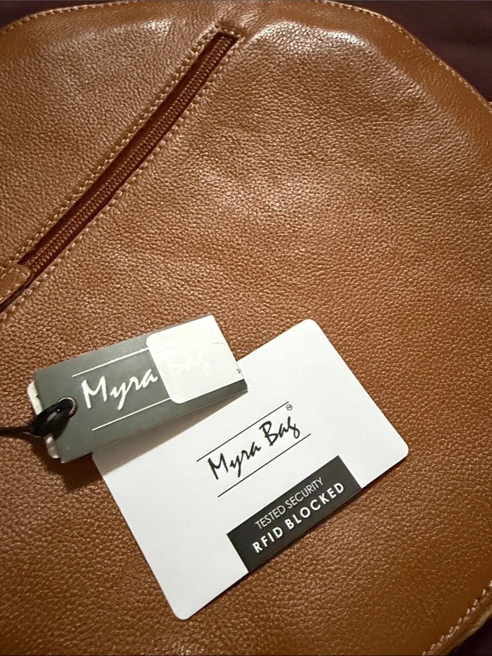 Myra Bag Hand-Tooled Round Crossbody in Brown with Cream Trim